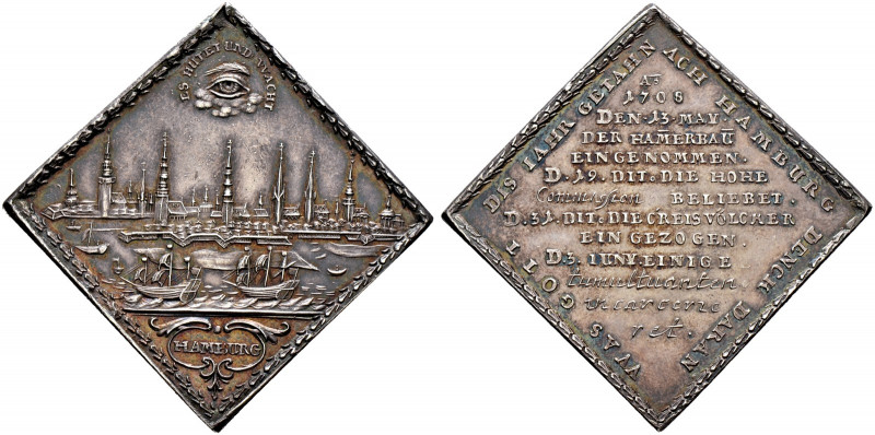Hamburg, Stadt. 
Klippenförmige Silbermedaille 1708 unsigniert, auf die Einsetz...