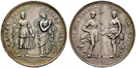 Nürnberg, Stadt. 
Silbermedaille o.J. (um 1700) von G. Hautsch, auf die weiblichen Tugenden. Rahel mit Schäferstab und Ruth mit Ährenbüschel einander...
