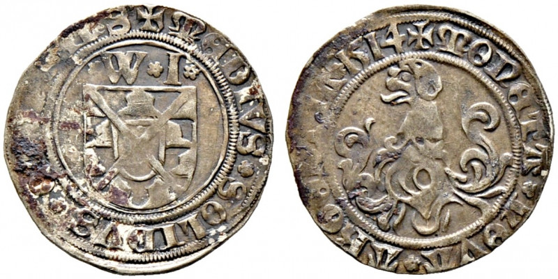 Öttingen. Wolfgang und Joachim 1477-1520 
1/2 Schilling 1514. Wappenschild, dar...