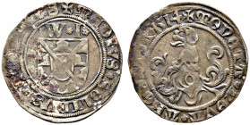 Öttingen. Wolfgang und Joachim 1477-1520 
1/2 Schilling 1514. Wappenschild, darüber *W*I* / Helm mit Bracke­nkopf. Löffelh. 28 (als Schilling), Schul...