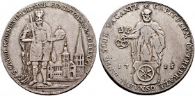 Osnabrück, Bistum. Sedisvakanz 1715-1716 
Taler 1715 -Clausthal(?)-. Karl der Große mit Schwert und Reichsapfel neben dem Dom stehend / St. Petrus mi...