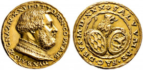 Pfalz-Neuburg. Ottheinrich 1556-1559
Zwitter-Goldmedaille (kleine goldene Porträt-Schaumünze) 1528/1530 von Matthes Gebel (Nürnberg). Brustbild mit r...