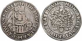 Pfalz-Oberpfalz. Friedrich II. 1508-1556, seit 1544 Kurfürst 
Taler 1547 -Neumarkt-. Hüftbild im Kurornat mit Schwert und Reichsapfel nach halbrechts...