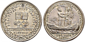 Regensburg, Stadt. 
Silbermedaille 1742 von C.D. Oexlein, auf das Reformationsjubiläum. Im Lorbeerkranz ein aufgeschla­genes Buch mit zwei Siegeln (S...