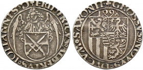 Sachsen-Kurfürstentum. Friedrich III., Albrecht und Johann 1486-1500 
Schreckenberger 1498 -Annaberg-. Engel mit Kurschild / Fünffeldiger Schild mit ...