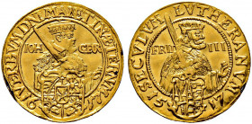 Sachsen-Albertinische Linie. Johann Georg I. 1615-1656 
Dukat 1617 -Dresden-. Auf das Reformationsjubiläum. Brustbild Johann Georgs I. über Wappen na...