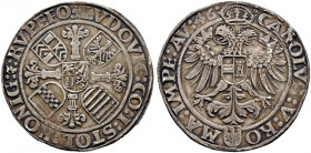 Stolberg-Königstein. Ludwig II. zu Rochefort 1535-1574 
Taler 1546 -Nördlingen-. Blumenkreuz mit fünf Wappen / Gekrönter Doppeladler mit Brustschild ...