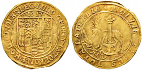 Stolberg-Stolberg. Ludwig Georg, allein 1604-1618 
Goldgulden 1617 -Ranstadt-. Wappenschild, darüber die Jahreszahl / Gekrönte Säule in Berglandschaf...