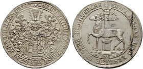 Stolberg-Stolberg. Christoph Friedrich und Jost Christian 1704-1738 
Taler 1707 -Stolberg-. Ausbeute der Stolberger Gruben. Dreifach behelmter Wappen...