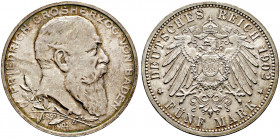 Silbermünzen des Kaiserreiches. BADEN 
Friedrich I. 1852-1907. 5 Mark 1902. Regierungsjubiläum. J. 31. feine Patina, vorzüglich-prägefrisch