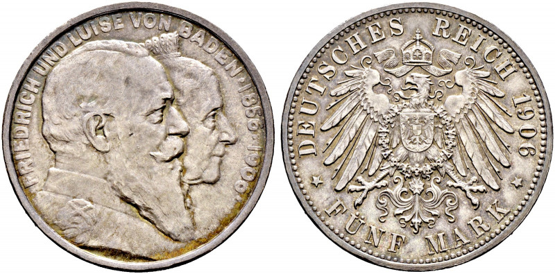 Silbermünzen des Kaiserreiches. BADEN 
Friedrich I. 1852-1907. 5 Mark 1906. Gol...