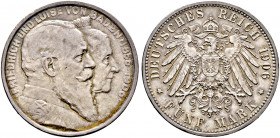 Silbermünzen des Kaiserreiches. BADEN 
Friedrich I. 1852-1907. 5 Mark 1906. Goldene Hochzeit. J. 35. feine Patina, vorzüglich-prägefrisch