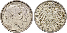 Silbermünzen des Kaiserreiches. BADEN 
Friedrich I. 1852-1907. 5 Mark 1906. Goldene Hochzeit. Ein zweites Exemplar. J. 35. feine Patina, vorzüglich-p...