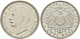 Silbermünzen des Kaiserreiches. BADEN 
Friedrich II. 1907-1918. 2 Mark 1911 G. J. 38. feinst zaponiert, minimale Kratzer, vorzüglich/vorzüglich-präge...