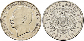 Silbermünzen des Kaiserreiches. BADEN 
Friedrich II. 1907-1918. 5 Mark 1913 G. J. 40. minimale Randfehler, vorzüglich-Stempelglanz/fast Stempelglanz...
