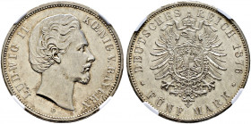 Silbermünzen des Kaiserreiches. BAYERN 
Ludwig II. 1864-1886. 5 Mark 1876 D. J. 42. In Plastikholder der NGC (slabbed) mit der Bewertung MS 62 winzig...