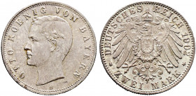 Silbermünzen des Kaiserreiches. BAYERN 
Otto 1888-1913. 2 Mark 1902 D. J. 45. mit altem Unterlagszettel, feine Patina, prägefrisch