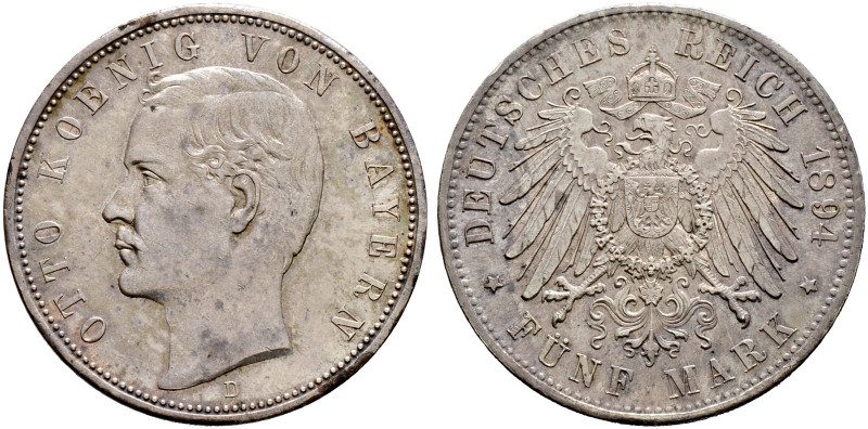 Silbermünzen des Kaiserreiches. BAYERN 
Otto 1888-1913. 5 Mark 1894 D. J. 46. m...