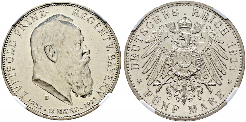 Silbermünzen des Kaiserreiches. BAYERN 
Luitpold, Prinzregent 1911. 5 Mark 1911...