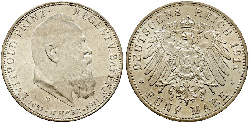 Silbermünzen des Kaiserreiches. BAYERN 
Luitpold, Prinzregent 1911. 5 Mark 1911...
