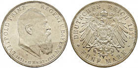 Silbermünzen des Kaiserreiches. BAYERN 
Luitpold, Prinzregent 1911. 5 Mark 1911 D. 90. Geburtstag. J. 50. vorzüglich-Stempelglanz/Stempelglanz