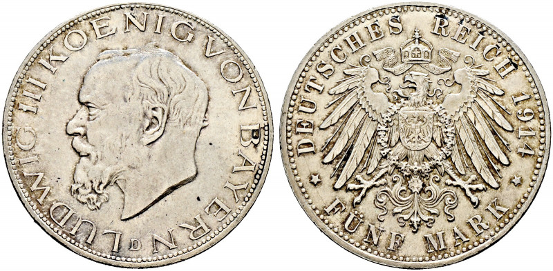 Silbermünzen des Kaiserreiches. BAYERN 
Ludwig III. 1913-1918. 5 Mark 1914 D. J...