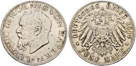 Silbermünzen des Kaiserreiches. BAYERN 
Ludwig III. 1913-1918. 5 Mark 1914 D. J. 53. leichte Tönung, fast Stempelglanz