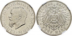 Silbermünzen des Kaiserreiches. BAYERN 
Ludwig III. 1913-1918. 5 Mark 1914 D. J. 53. In Plastikholder der NGC (slabbed) mit der Bewertung MS 64 winzi...
