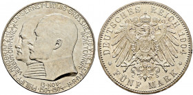 Silbermünzen des Kaiserreiches. HESSEN 
Ernst Ludwig 1892-1918. 5 Mark 1904. Philipp der Großmütige. J. 75. minimale Randfehler und Kratzer, fast Ste...