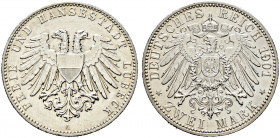 Silbermünzen des Kaiserreiches. LÜBECK 
2 Mark 1901 A. J. 80. kleine Kratzer und Randfehler, vorzüglich