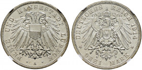 Silbermünzen des Kaiserreiches. LÜBECK 
3 Mark 1914 A. J. 82. In Plastikholder der NGC (slabbed) mit der Bewertung MS 63 besserer Jahrgang, minimale ...