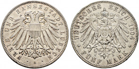 Silbermünzen des Kaiserreiches. LÜBECK 
5 Mark 1904 A. J. 83. leichte Randfehler, sehr schön