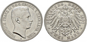 Silbermünzen des Kaiserreiches. MECKLENBURG-SCHWERIN 
Friedrich Franz IV. 1897-1918. 2 Mark 1901 A. Regierungsantritt. J. 85. minimale Kratzer, sehr ...