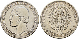 Silbermünzen des Kaiserreiches. MECKLENBURG-STRELITZ 
Friedrich Wilhelm 1860-1904. 2 Mark 1877 A. J. 90. schön-sehr schön