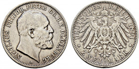 Silbermünzen des Kaiserreiches. OLDENBURG 
Nicolaus Friedrich Peter 1853-1900. 2 Mark 1891 A. J. 93. kleine Kratzer, fast sehr schön