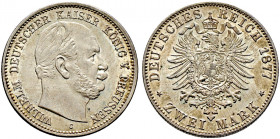 Silbermünzen des Kaiserreiches. PREUSSEN 
Wilhelm I. 1861-1888. 2 Mark 1877 C. J. 96. selten in dieser Erhaltung, leichte Tönung, vorzüglich-prägefri...