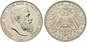 Silbermünzen des Kaiserreiches. REUSS-ÄLTERE LINIE 
Heinrich XXII. 1867-1902. 2 Mark 1899 A. J. 118. leichte Kratzer auf dem Avers, sehr schön-vorzüg...