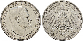 Silbermünzen des Kaiserreiches. REUSS-ÄLTERE LINIE 
Heinrich XXIV. 1902-1918. 3 Mark 1909 A. J. 119. kleine Randfehler, gutes sehr schön