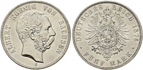 Silbermünzen des Kaiserreiches. SACHSEN 
Albert 1873-1902. 5 Mark 1876 E. J. 122. überdurchschnittliche Erhaltung, winzige Kratzer, fast vorzüglich...