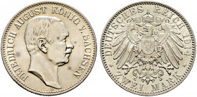 Silbermünzen des Kaiserreiches. SACHSEN 
Friedrich August III. 1904-1918. 2 Mark 1914 E. J. 134. Prachtexemplar, fast Stempelglanz/Stempelglanz