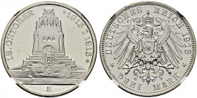 Silbermünzen des Kaiserreiches. SACHSEN 
Friedrich August III. 1904-1918. 3 Mark 1913 E. Völkerschlachtdenkmal. J. 140. In Plastikholder der NGC (sla...