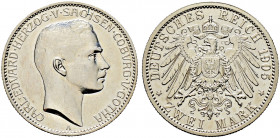 Silbermünzen des Kaiserreiches. SACHSEN-COBURG-GOTHA 
Carl Eduard 1900-1918. 2 Mark 1905 A. Auf die Volljährigkeit. J. 147. Bearbeitungsspuren auf de...