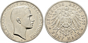 Silbermünzen des Kaiserreiches. SACHSEN-COBURG-GOTHA 
Carl Eduard 1900-1918. 5 Mark 1907 A. J. 148. selten, kleine Kratzer und Randfehler, sehr schön...