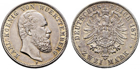 Silbermünzen des Kaiserreiches. WÜRTTEMBERG 
Karl 1864-1891. 2 Mark 1877 F. J. 172. minimale Randfehler, fast vorzüglich