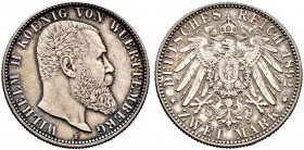 Silbermünzen des Kaiserreiches. WÜRTTEMBERG 
Wilhelm II. 1891-1918. 2 Mark 1892 F. J. 174. besserer Jahrgang, feine Patina, vorzüglich-prägefrisch...