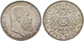 Silbermünzen des Kaiserreiches. WÜRTTEMBERG 
Wilhelm II. 1891-1918. 5 Mark 1903 F. J. 176. leichte Tönung, minimale Randfehler, vorzüglich-Stempelgla...