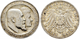 Silbermünzen des Kaiserreiches. WÜRTTEMBERG 
Wilhelm II. 1891-1918. 3 Mark 1911 F. Silberhochzeit. Hohes H. J. 177b. minimale Randfehler, vorzüglich...