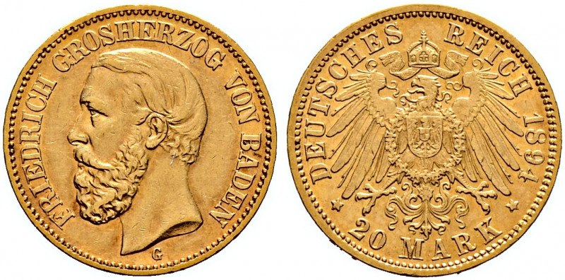 Reichsgoldmünzen. BADEN 
Friedrich I. 1852-1907. 20 Mark 1894 G. J. 189. sehr s...