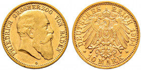 Reichsgoldmünzen. BADEN 
Friedrich I. 1852-1907. 10 Mark 1904 G. J. 190. vorzüglich