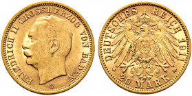 Reichsgoldmünzen. BADEN 
Friedrich II. 1907-1918. 20 Mark 1911 G. J. 192. feinst zaponiert, minimale Kratzer, sehr schön-vorzüglich